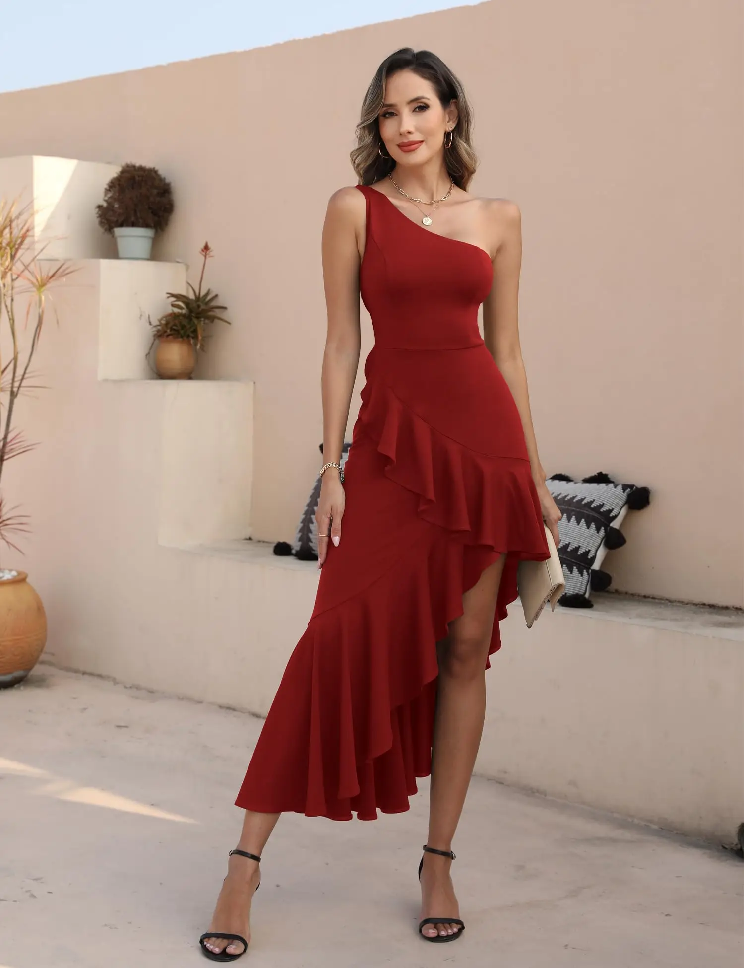 

Women's One Shoulder Dress Sleeveless Midi Dresses Asymmetric Ruffle Bodycon Cocktail Party Dress