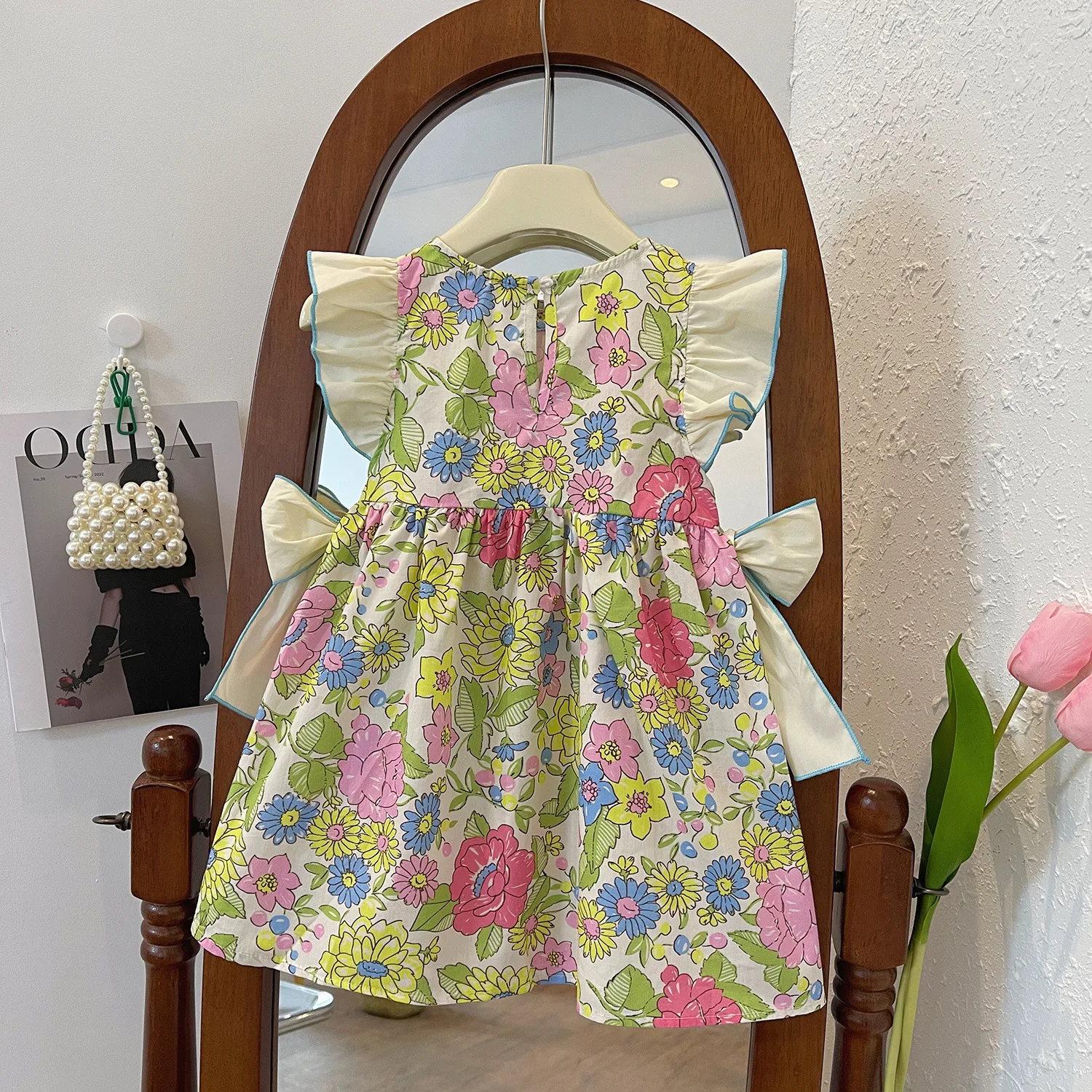 Girls Casual Dresses Flower Printing Bowknot Ruffled Sleeveless Dress Party Dress for Kids Girl 2 To 7 Years Girls Clothes