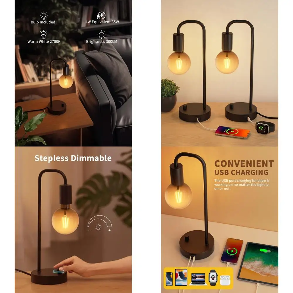 

Набор из 2 диммируемых промышленных настольных ламп с USB-портами для зарядки, идеально подходят для спален, рабочих столов и гостиных