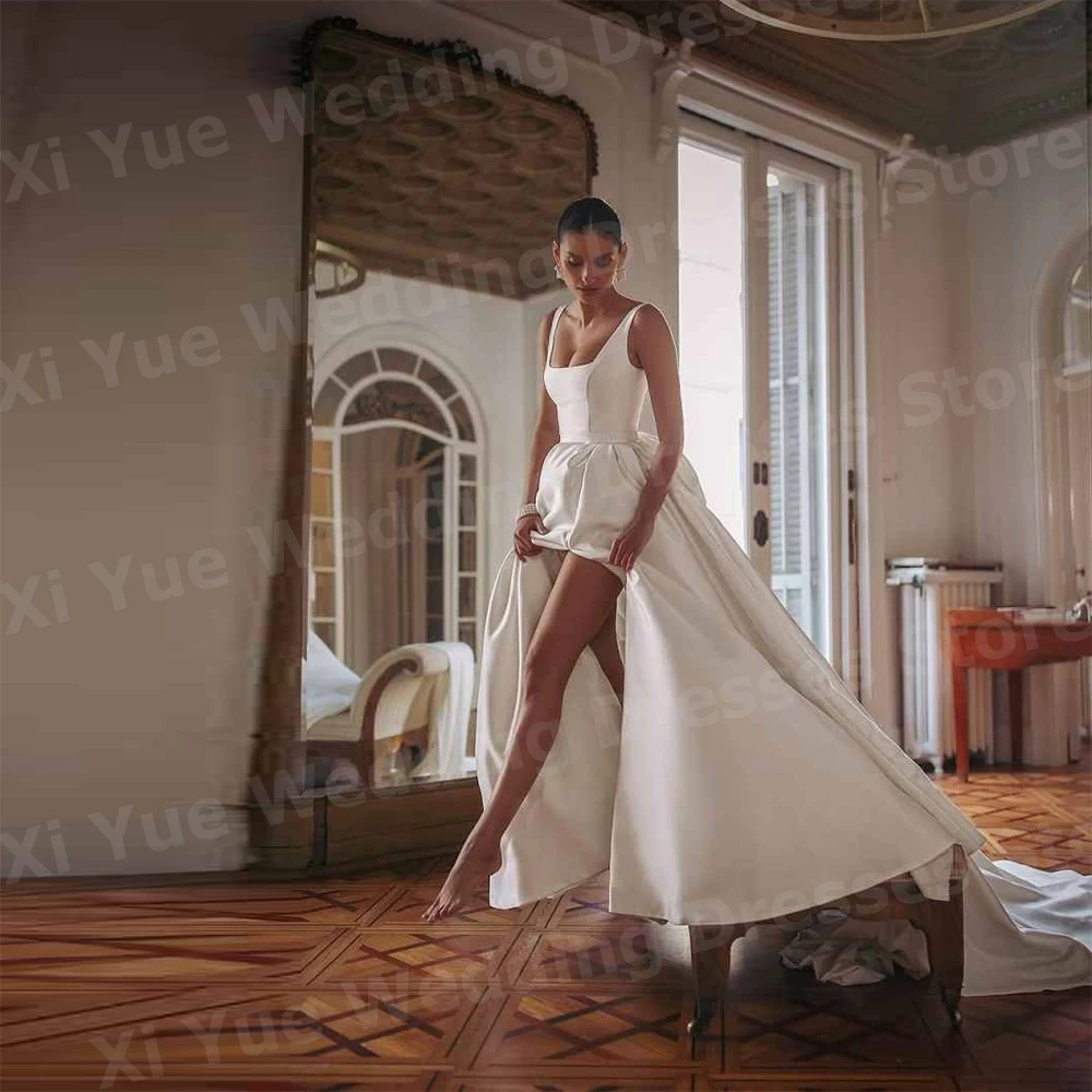 

Sexy A Line Women's Wedding Dresses Spaghetti Straps Bow Vestido De Novia Bride Gowns Customized Sleeveless Side Slit Vestido