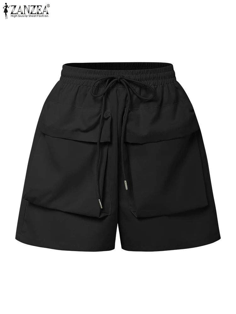 ZANZEA Damskie Szorty do Pracy Modne Szerokie Nogawki Lato 2025 Szorty ze Sznurkiem Elastyczna Talia Kieszenie Luźne Szorty w Jednolitym Kolorze
