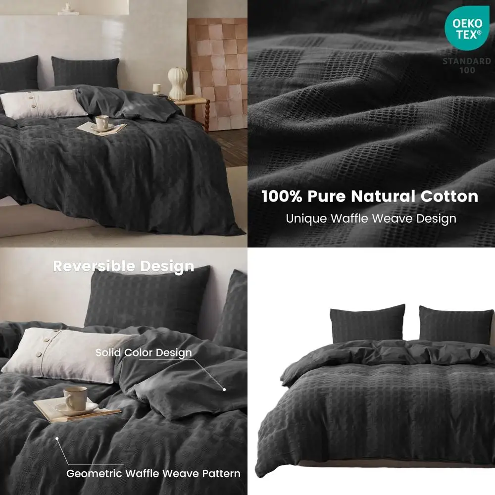 

Комплект хлопкового пододеяльника темно-серого цвета с вафельным плетением, состоящий из 3 предметов, двусторонний, дышащий и мягкий для нового использования