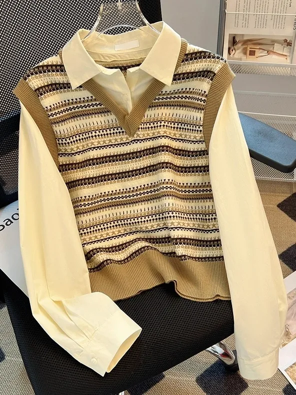 

Женская вязаная кофта с воротником и вставками, с длинным рукавом, повседневная, универсальная, модная, для офиса, с изысканным дизайном