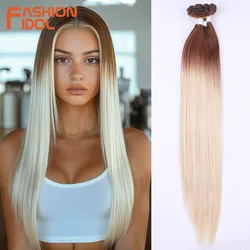 FASHION IDOL-extensiones de cabello sintético liso Yaki, mechones de pelo falso Rubio degradado, 22 24 26 pulgadas, tejido de pelo súper largo, 6 uds.