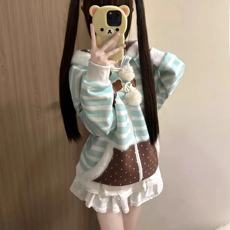 Women Cute Japan Hooded Sweatshirt Preppy Style Striped Spring Fall Warm Coat Long Sleeve Patchwork Lolita Loose Casual Top