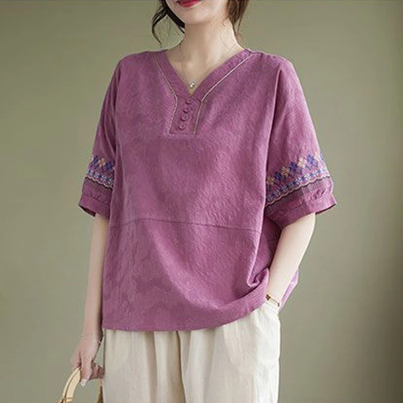 New Women Vintage Embroidery Ethnic Style Blouses Elegant V Neck Short Sleeve Shirts Casual Loose Cotton Linen Tops Summer Blusa