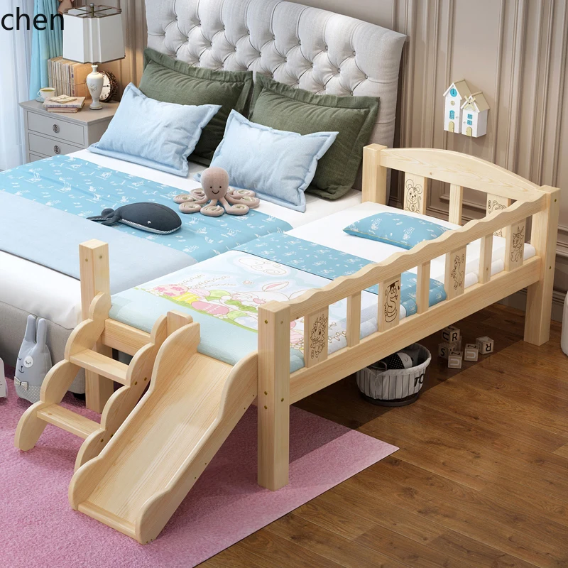 

ZML solid wood crib with guardrail fence splicing queen bed widened boys and girls slide bed