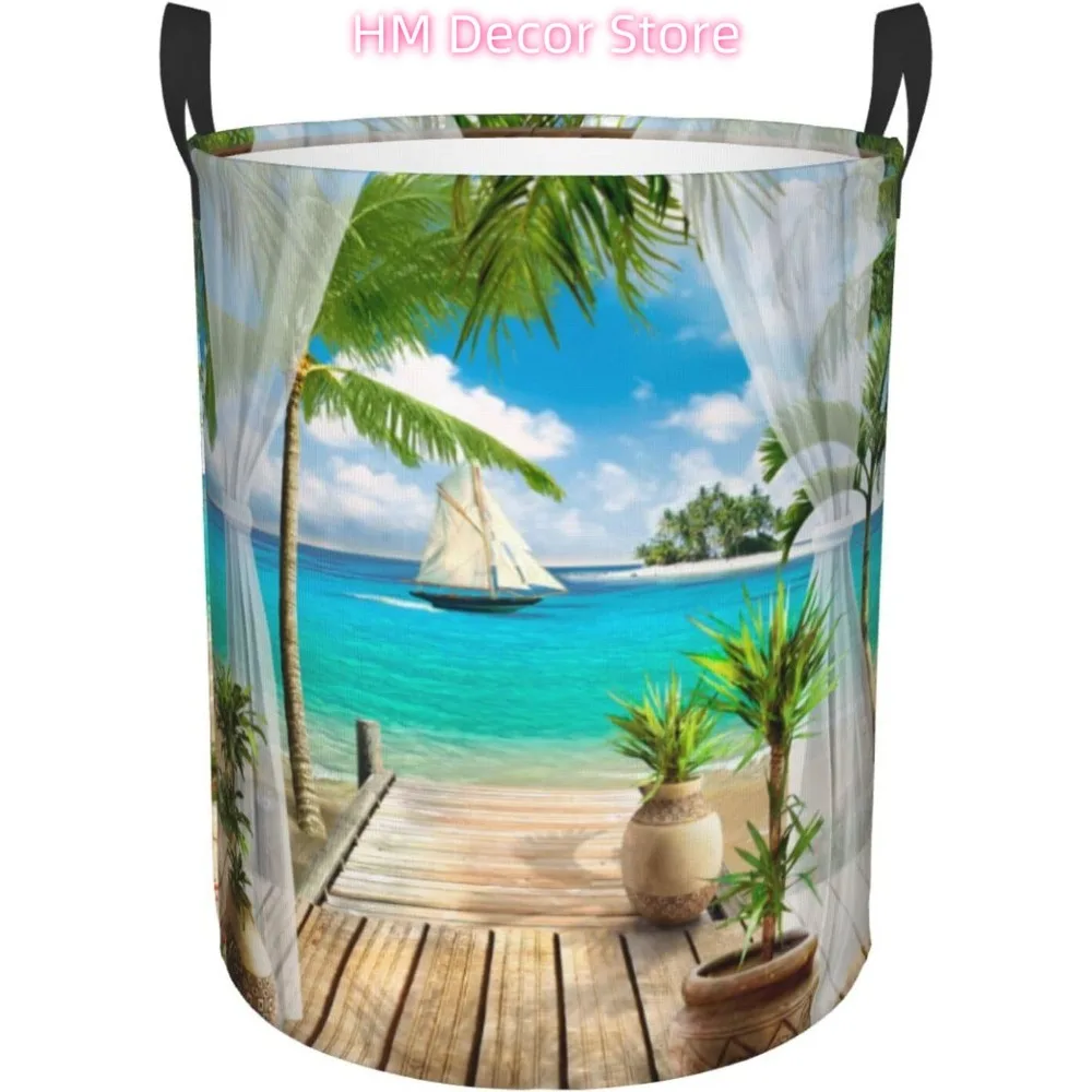 

Корзина для белья с тропическими океанскими пейзажами, ткань Оксфорд, складная корзина для белья, корзина для хранения с ручкой для кухни, спальни Liv