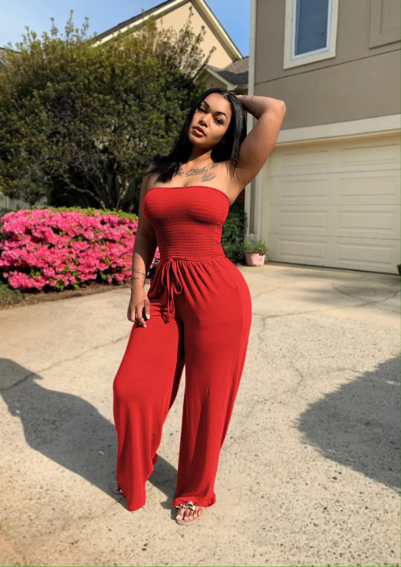 Sister Star Women's Summer Sexy Comfortable Casual Solid Color Smocked Worn Wide Leg Pants Stereoscopic Cropped Jumpsuit
