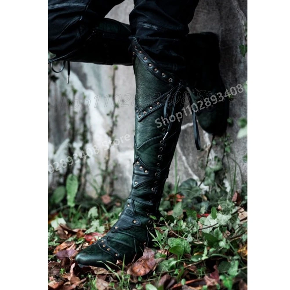 Groene Kant Strappy Klinknagels Decor Mannen Laarzen 2025, Lederen Ronde Neus Retro Stijl Schoenen voor Mannen Plat met Herfst Zapatillas Mujer