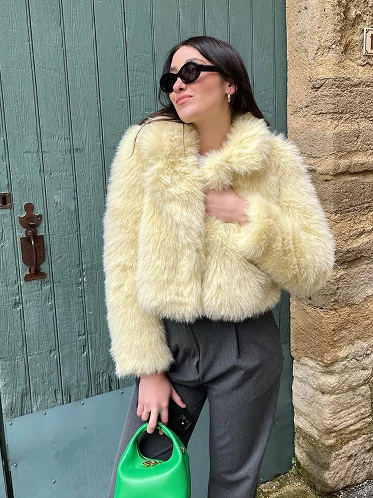 Yellow Short Faux Fur Coat Women Lapel Long Sleeve Fluffy Loose Cardigan Jacket 2025 Winter Lady Thicken Warm Street Outerwear
