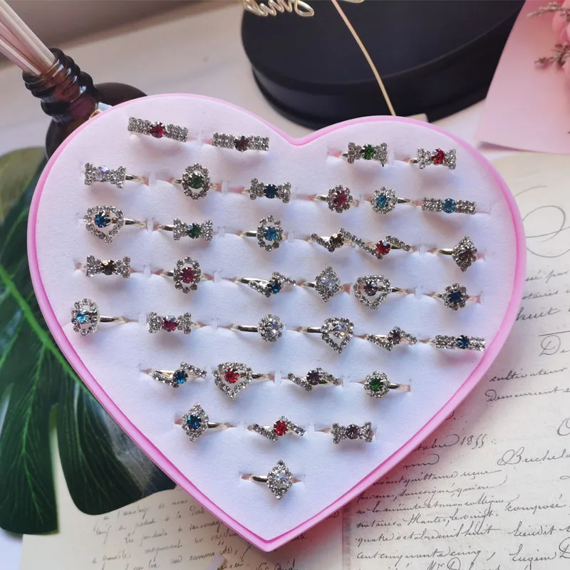 12pcs/set Mixed Rhinestone Bow Heart Ring Baby Kids Girl Children's Adjustable Alloy Rings For Christmas Gift Without Box