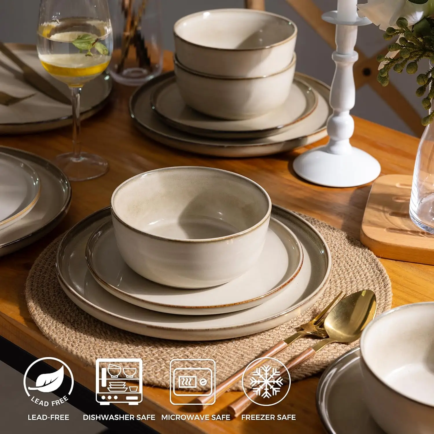Dinnerware Sets for 6, 24 Pieces Ceramic Plates and Bowls Set | Scratch Resistant Stoneware Dishes Set, Dishwasher & Microwave S view 6