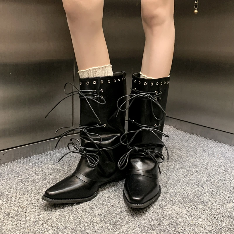 Plus Size Knight Boots Pointed Toe Lace-Up Studded Mid-Tube Fashion Block Heel