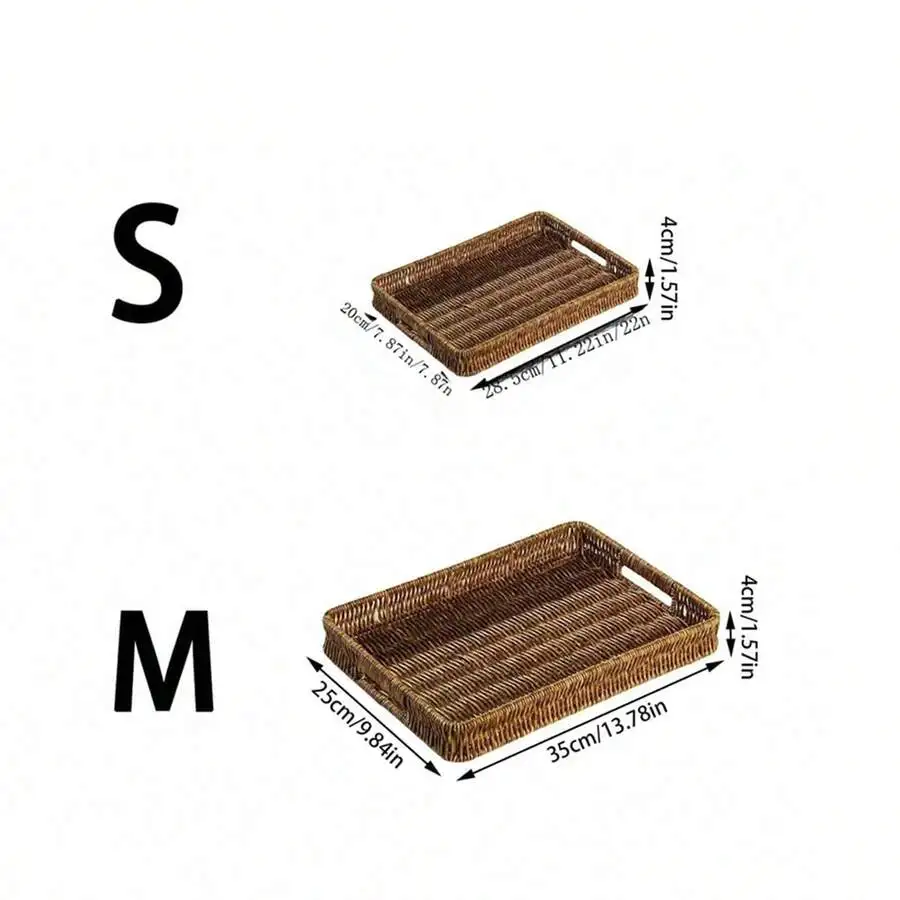 1/2/3pcs Vintage Handmade Woven Rattan Tray With Handle, Multi-Functional Decorative Basket, Suitable For Bread, Snacks, Fruit,