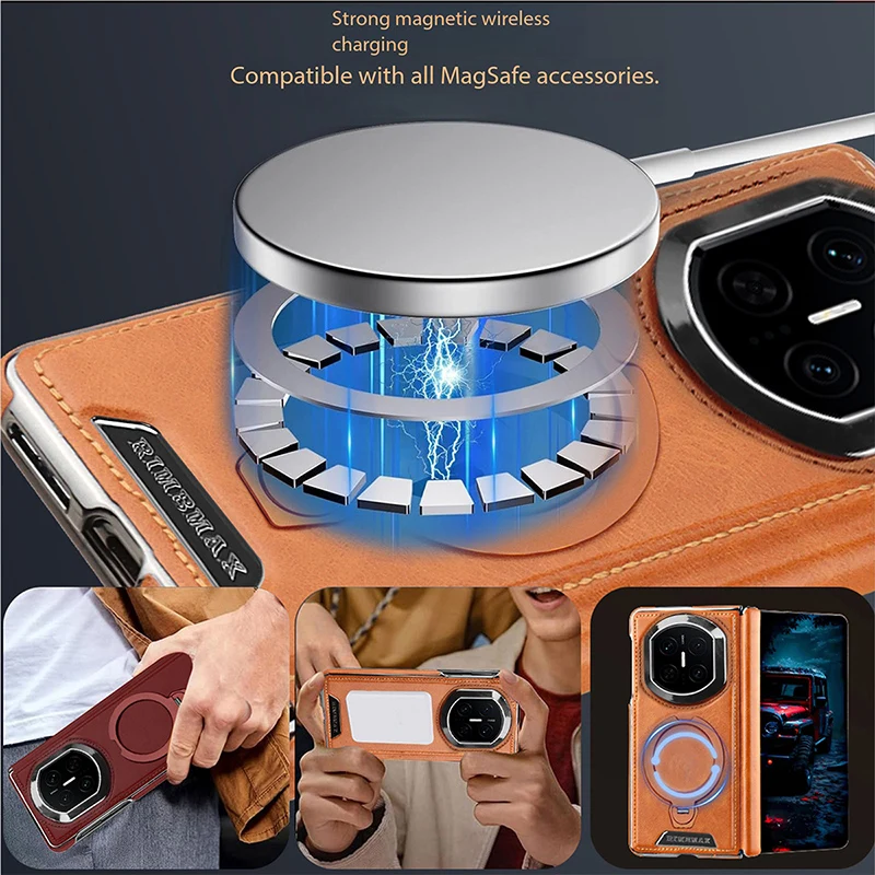 Magnetic Rotating Metal Bracket Leather Phone Case,For Huawei Mate X7 Mate X6 Mate X5 Wireless Charging Protective Case view 3