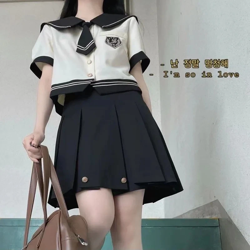 Women Fashion High School South Korea Students Jk Uniform Short Sleeve Beige Shirts Black Pleated Skirt Female Summer Suit