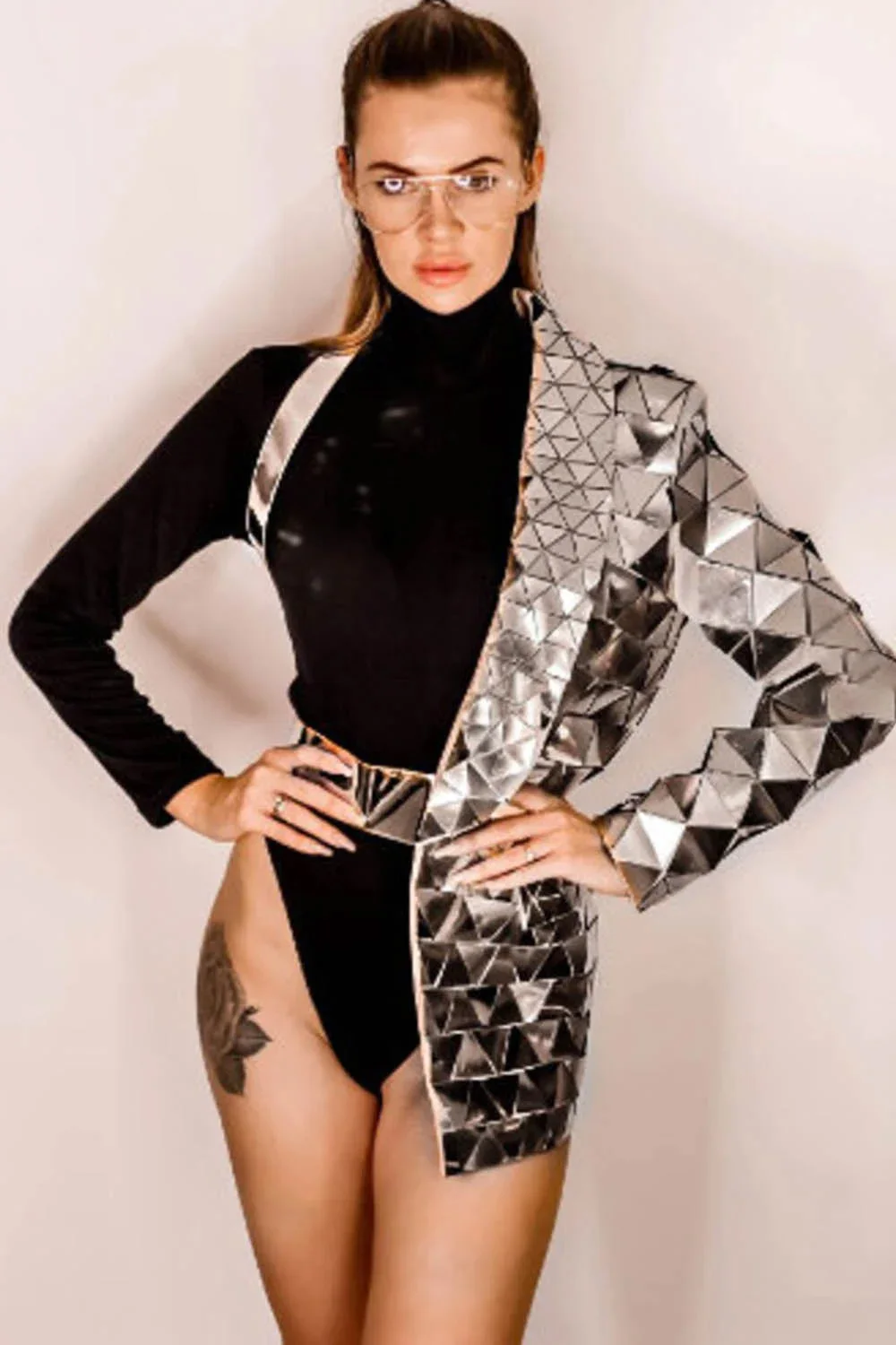 One Sleeve Geometric Sequin Jacket-Gold Bandage Half Coat Nightclub Evening Jacket Outerwear Spring Asymmetric Fashion Top 2024