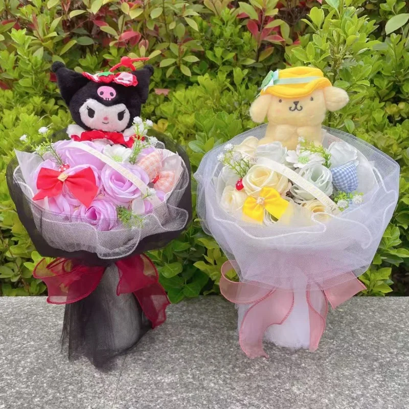 Cute Sanrio Plush Dolls Hellokitty With Artificial Flower Creative Bouquet New Year Birthday Valentine Christmas Graduation Gift