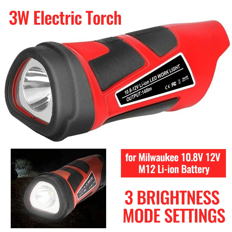 Portable 3W Electric Torch Work Lamp Handheld Flashlight LED Light for Milwaukee 10.8V 12V M12 Li-ion Battery 48-11-2401