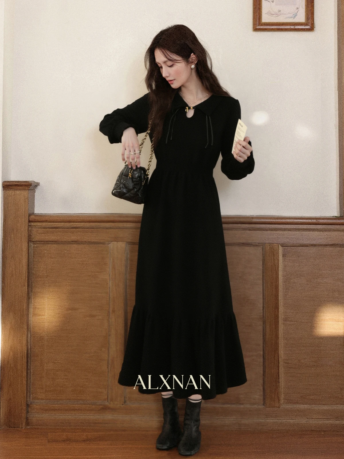 

Новое китайское трикотажное платье с длинным рукавом, черное, осенне-зимнее, повседневное, дышащее, А-силуэта, в стиле Южного оленя Маньмань Вэйян