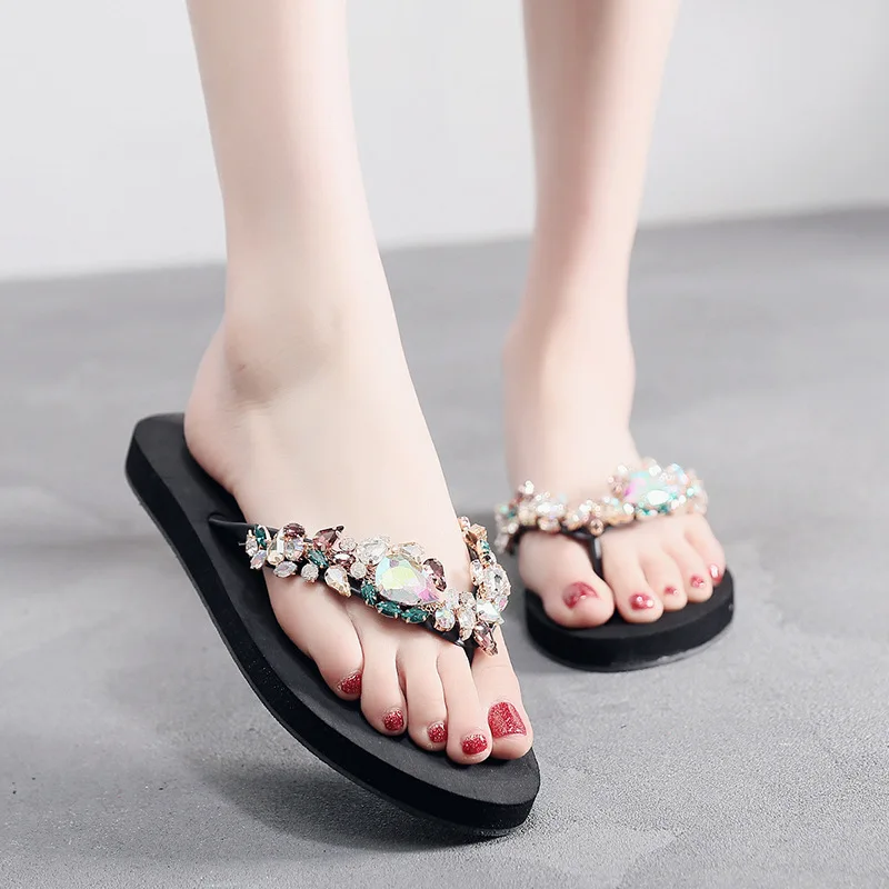 Shoes Woman\'s Slippers Rubber Flip Flops Shale Female Beach Glitter Slides Low 2023 Hawaiian Sabot Soft Jelly Summer Flat Crysta