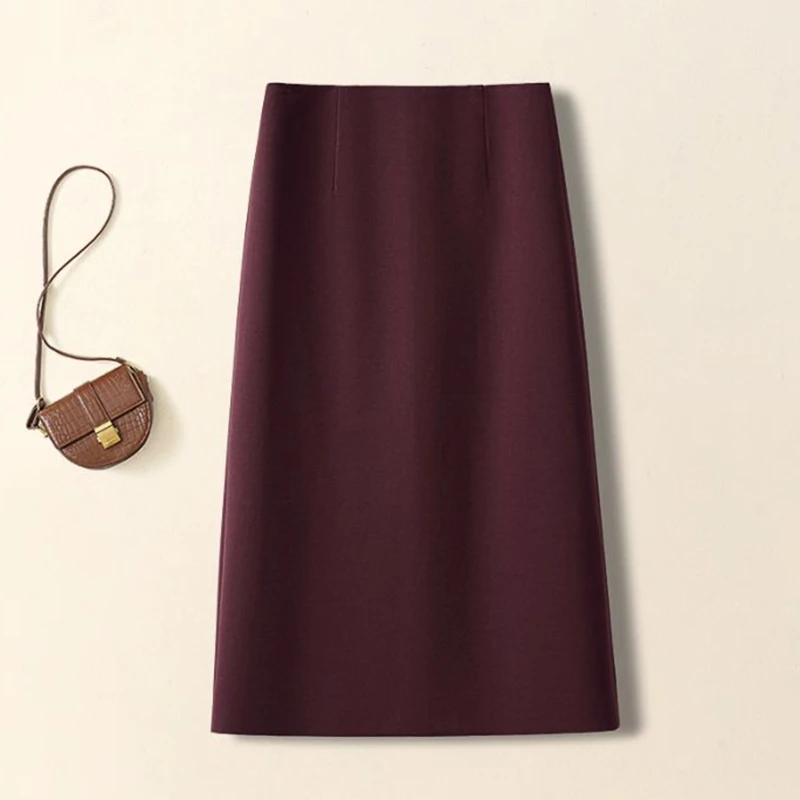 Autumn Winter Female Thin A-line Wool Skirts Girls Classic Korean High Waist Skirts Women Fashion Solid Mid-Long Dress