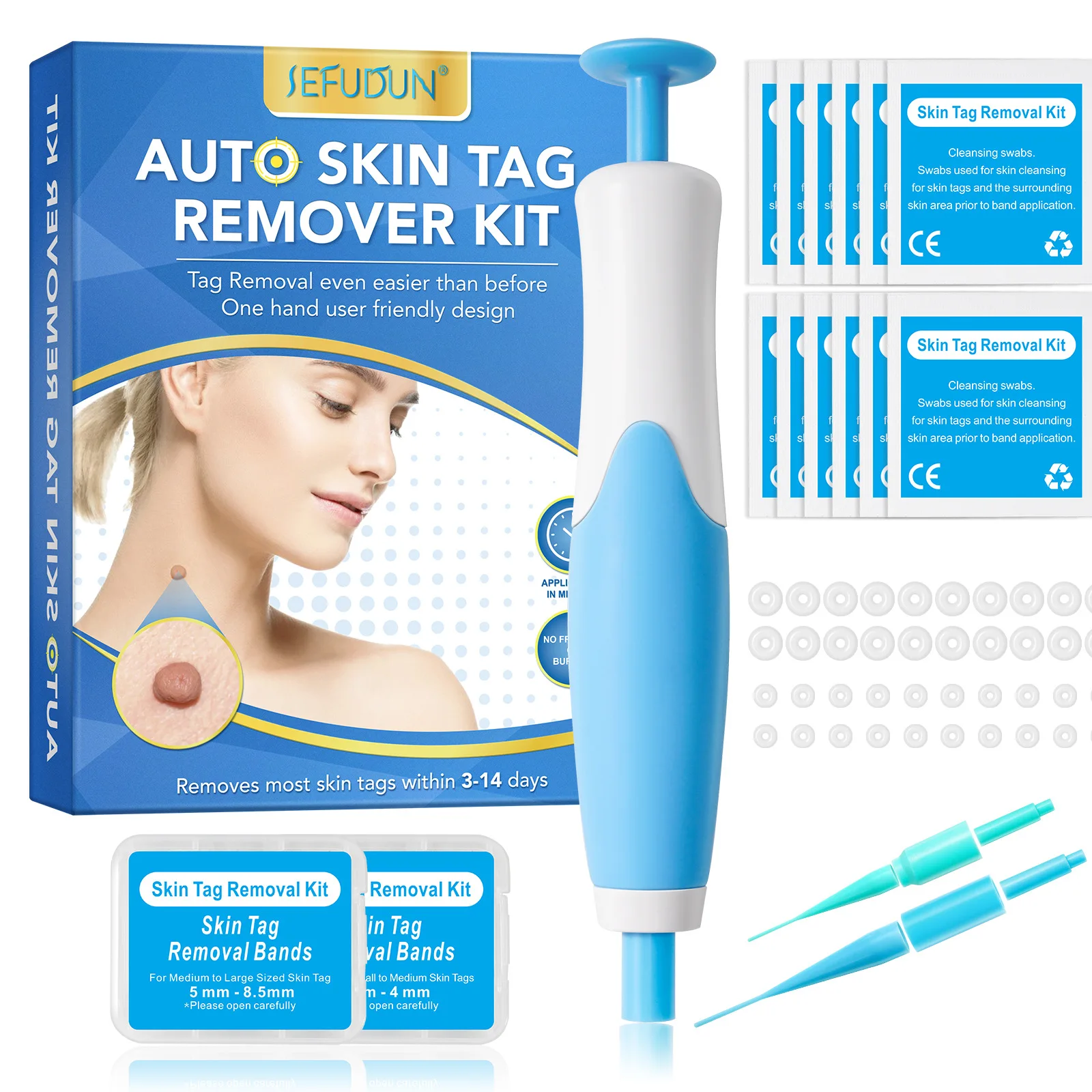 2-IN-1 Auto Skin Tag Removal Tool Kit Painless Skin Label Mole Acne Wart Removal Pen with Cleansing Swabs Facial Skin Care Tool