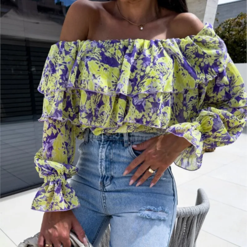 Spring And Autumn Sexy Fashion One Line Neck Off Shoulder Printed Shirt Elegant Women\'s Ruffle Edge Long Sleeved Casual Blouse