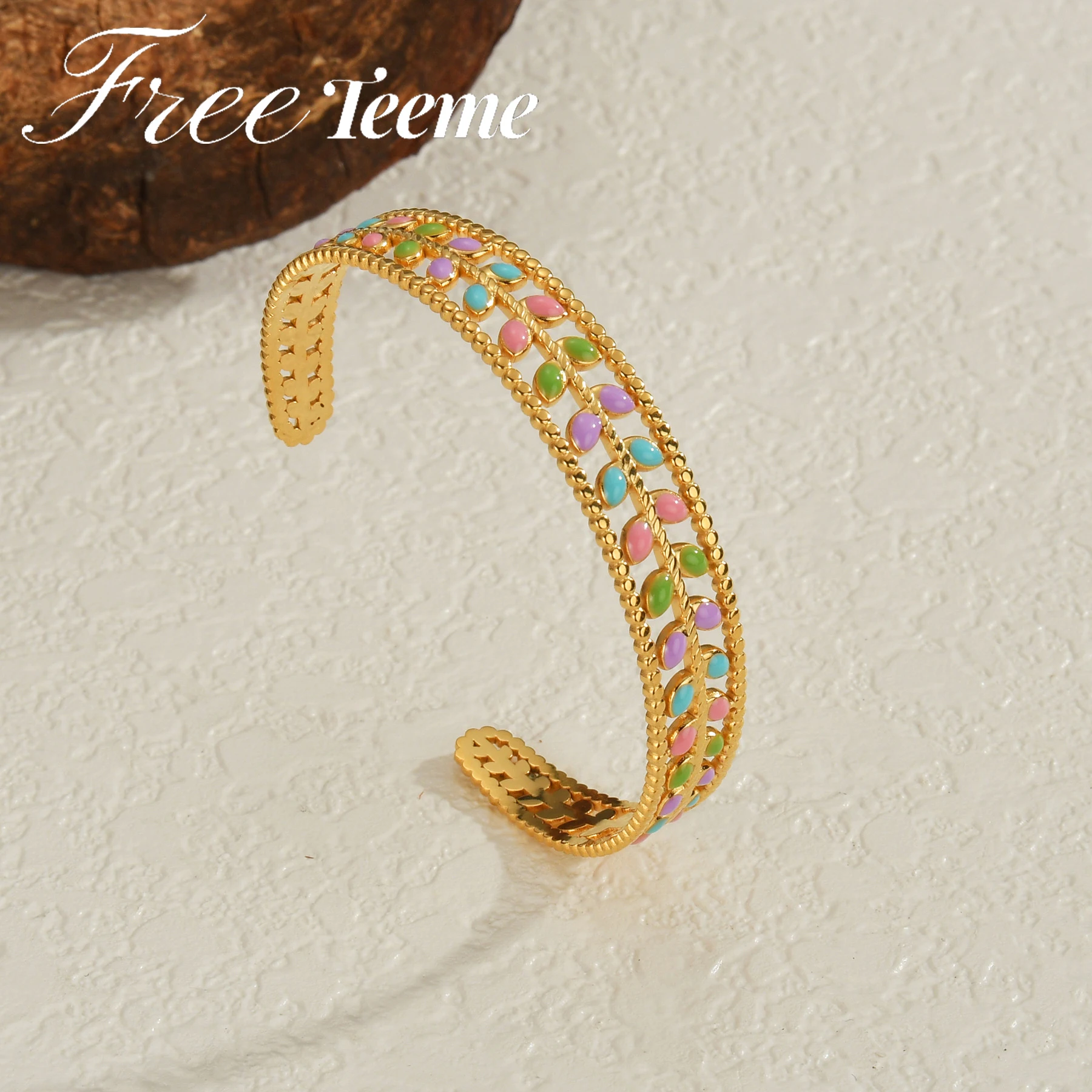 Freeteeme Vintage Colored Oil Dripping Leaves Bangle for Women Couples Stainless Steel Open Cuff Bracelet Jewelry Men Gift