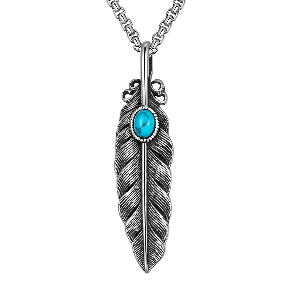 GulCean Women's Turquoise Feather Necklace - 2.62*0.67in Vintage Silver Pendant, 23.6in Titanium-316 Stainless Steel Chain, Non-Tarnish Affordable Fashion Bohemian Freedom Spiritual Jewelry Gift Accessory, Turquoise Stone, Bohemian Jewelry, Turquoise Jewe