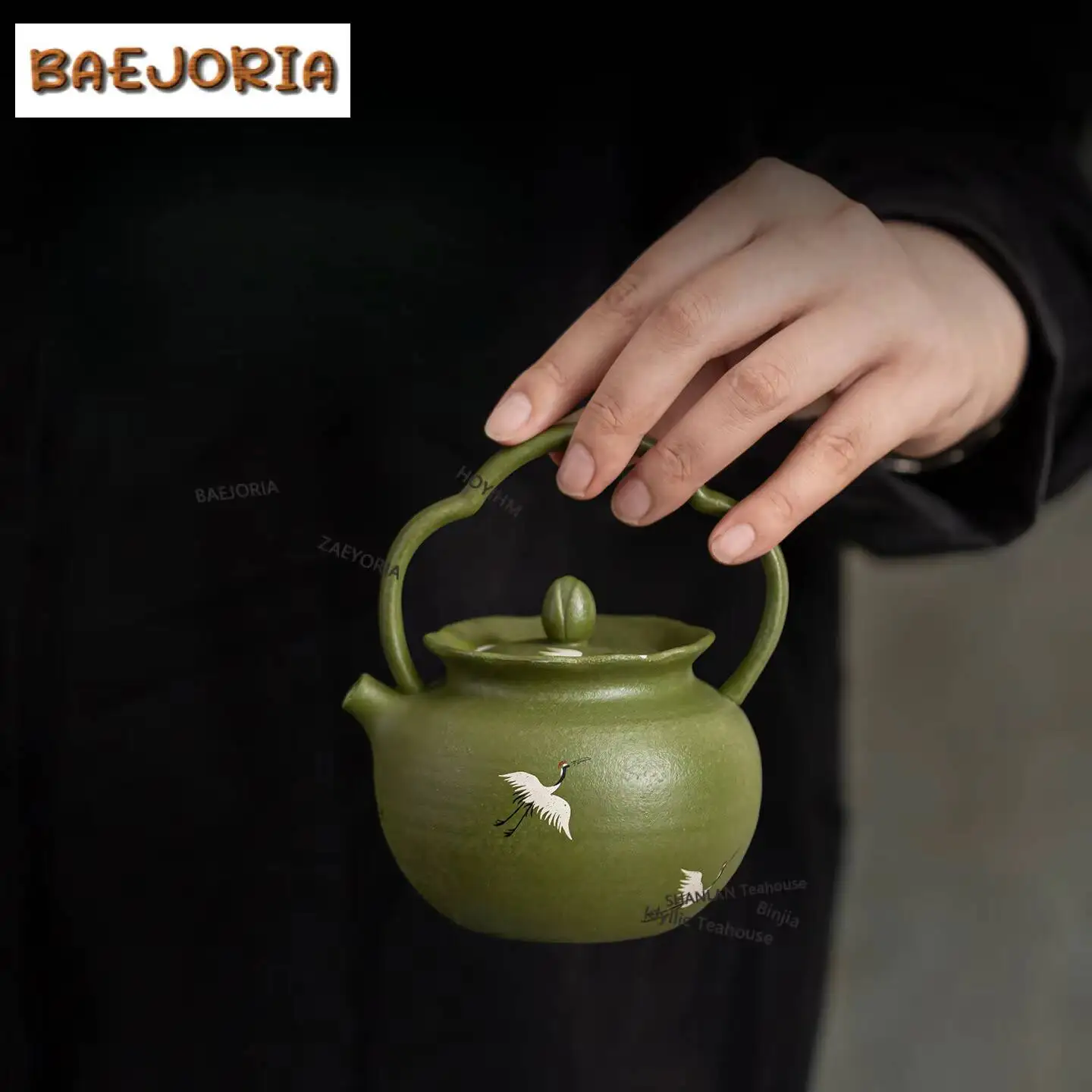 225ml Green Glaze Hand-painted Crane Teapot Zen Tea Infuser Pot Tea Brewing Kettle With Strainer Dahongpao Tableware Collection