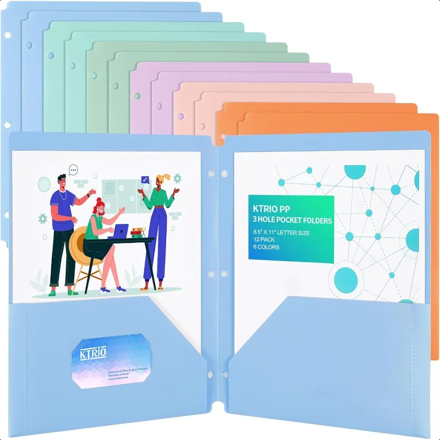 

Folders with Pockets 3 Hole Punched 12 Pack Plastic Folders for 3 Ring Binder Letter Size Colored Poly Folders with Busin Card