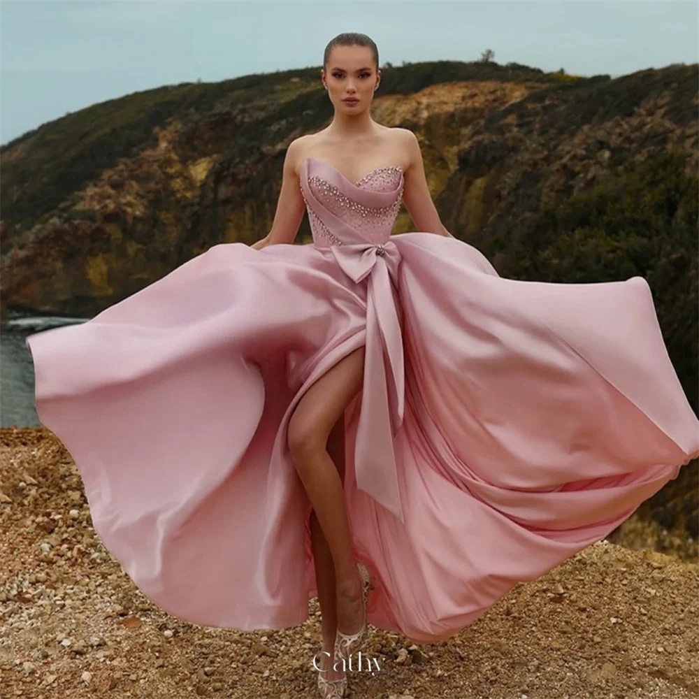 

Cathy Customized Pink Sweetheart Neck Rhinestones Prom Dresses Side High Split vestidos de noiva Bow Sleeveless Formal Evening