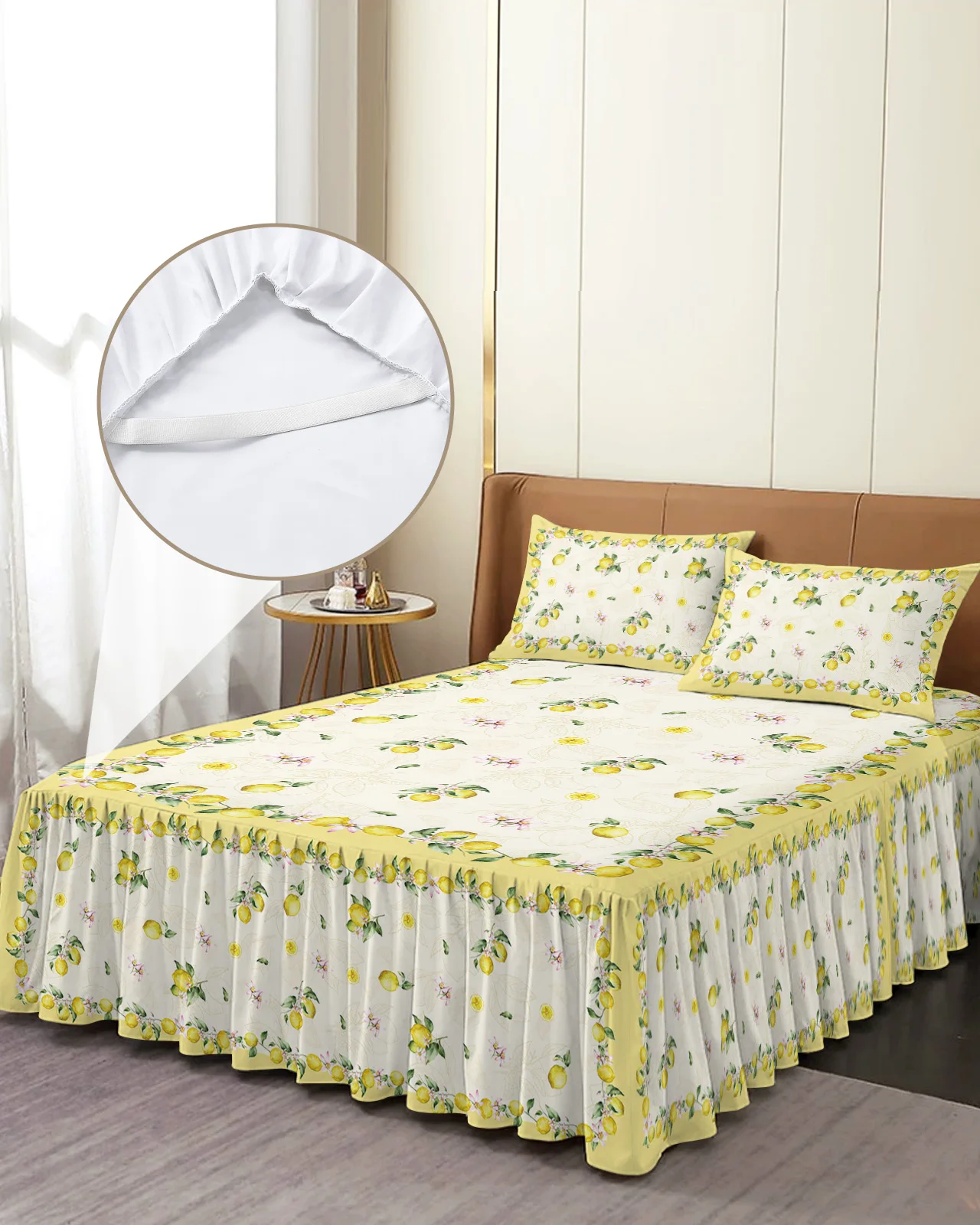 Idyllic Summer Fruit Lemon Bed Skirt Elastic Fitted Bedspread With Pillowcases Mattress Cover Bedding Set Bed Sheet