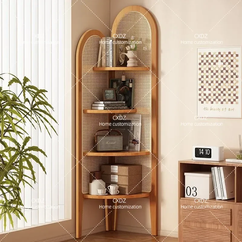 Chinese Retro Rattan Corner Screen Living Room Sofa Wall Bookshelf Bedroom Solid Wood Three Leg Shelf Home Decoration