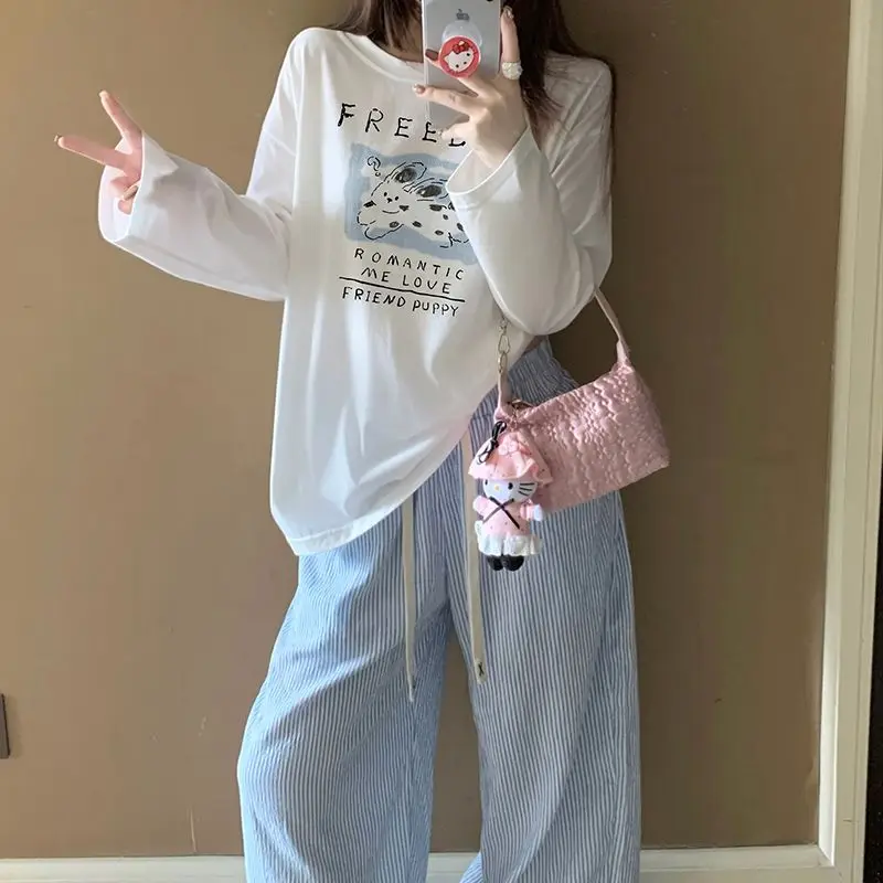 2026 New Women's Knitted Cotton Sleepwear Set round Neck Long Sleeve Long Pants Comfortable Casual Home Clothes Outfit