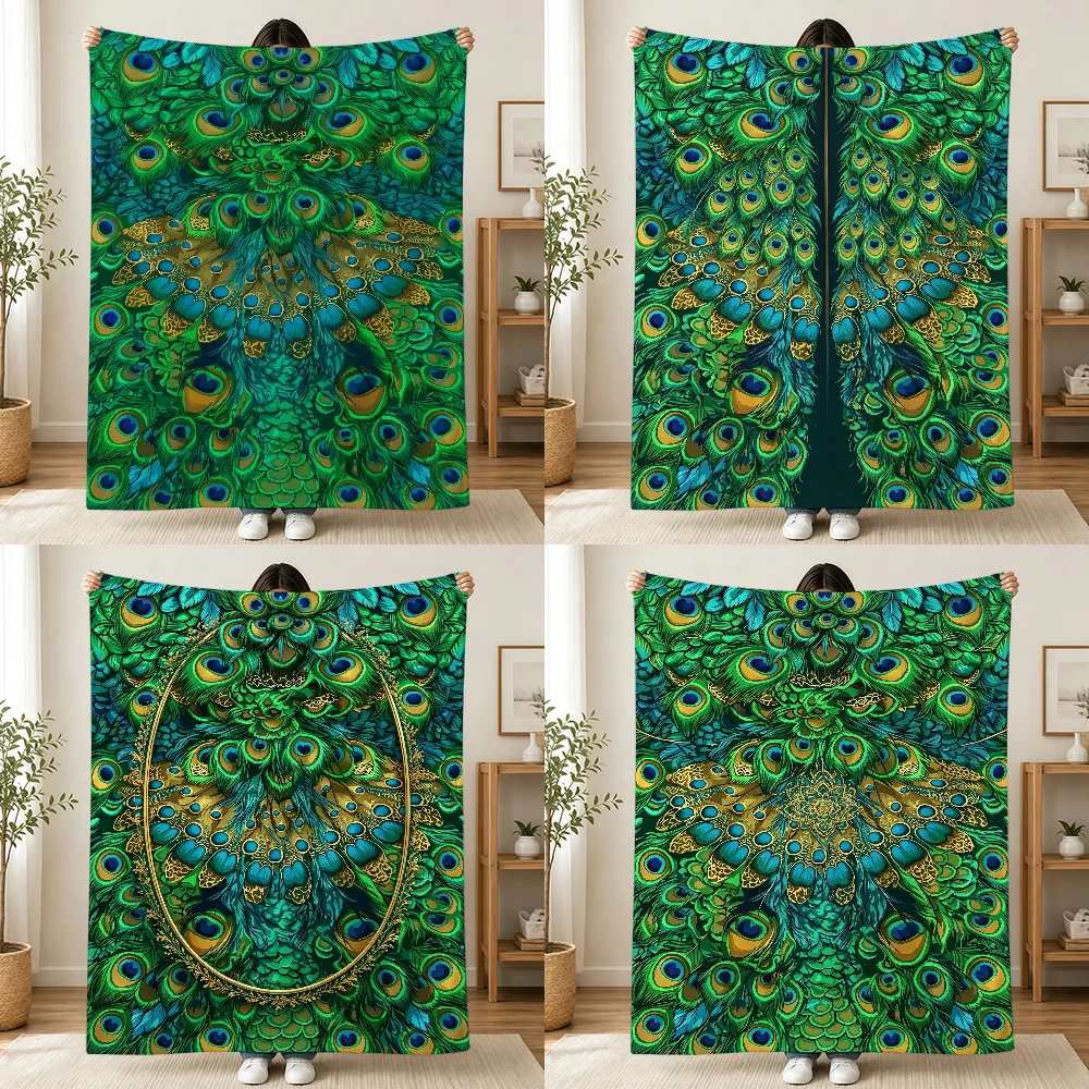 Vintage Green Peacock Feather Blanket Printed Flannel Soft Warm Cozy All-Season Nap Bed Sofa Travel Camping Gift Adults Kids