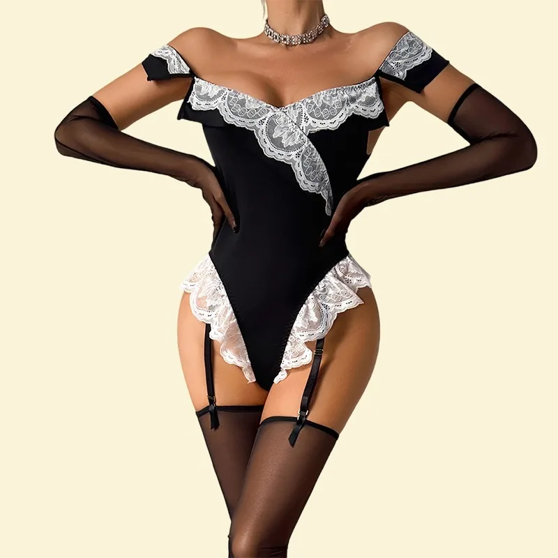 

Tornova Erotic Lingerie Bodysuit Lace-trimmed Sexy One-shoulder Hottie Body-shaping Women Delicate Intimate Bodysuit with Gloves