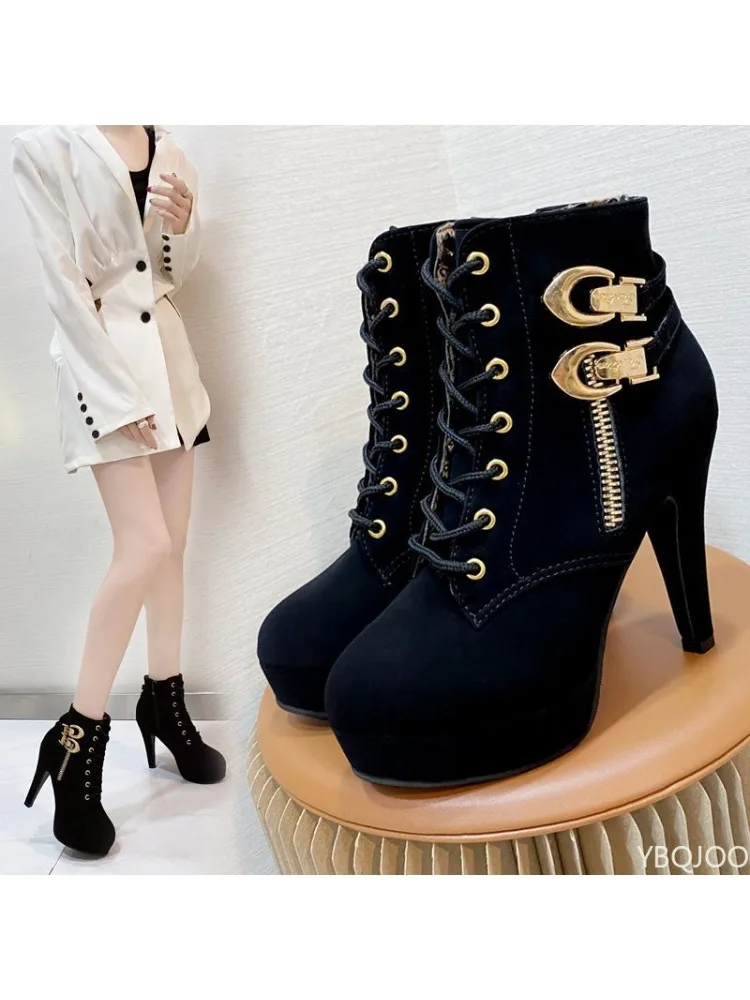 Bottes de rinçage à talons épais pour femmes, décoration en métal, chaussons à talons hauts, bottes courtes à plateforme à lacets, automne, grande taille 43