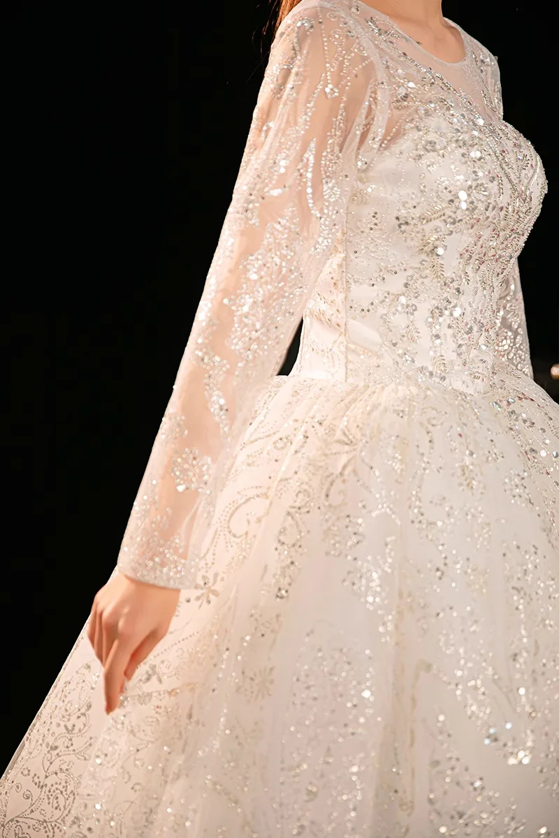 XXN-994#Wedding Dress 2025 New Bridal High end French Long sleeved Bridal Puff Skirt Place Sequin Dress Luxurious Wholesale