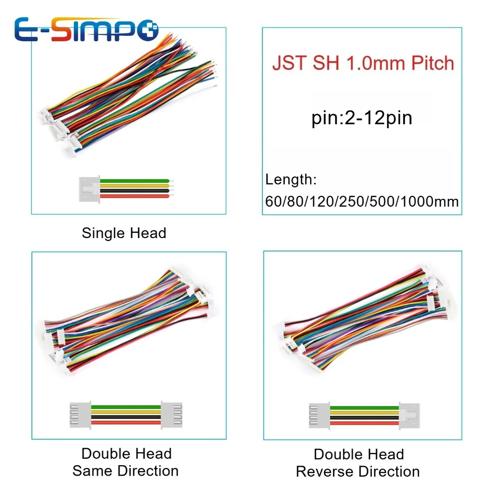 10PC JST SH 1.0mm Single/Double Plug Connector with Wire 60/80/120-1000mm Cable 2 3 4 5-12 Pin Jumper Line SH1.0 SHR for Arduino