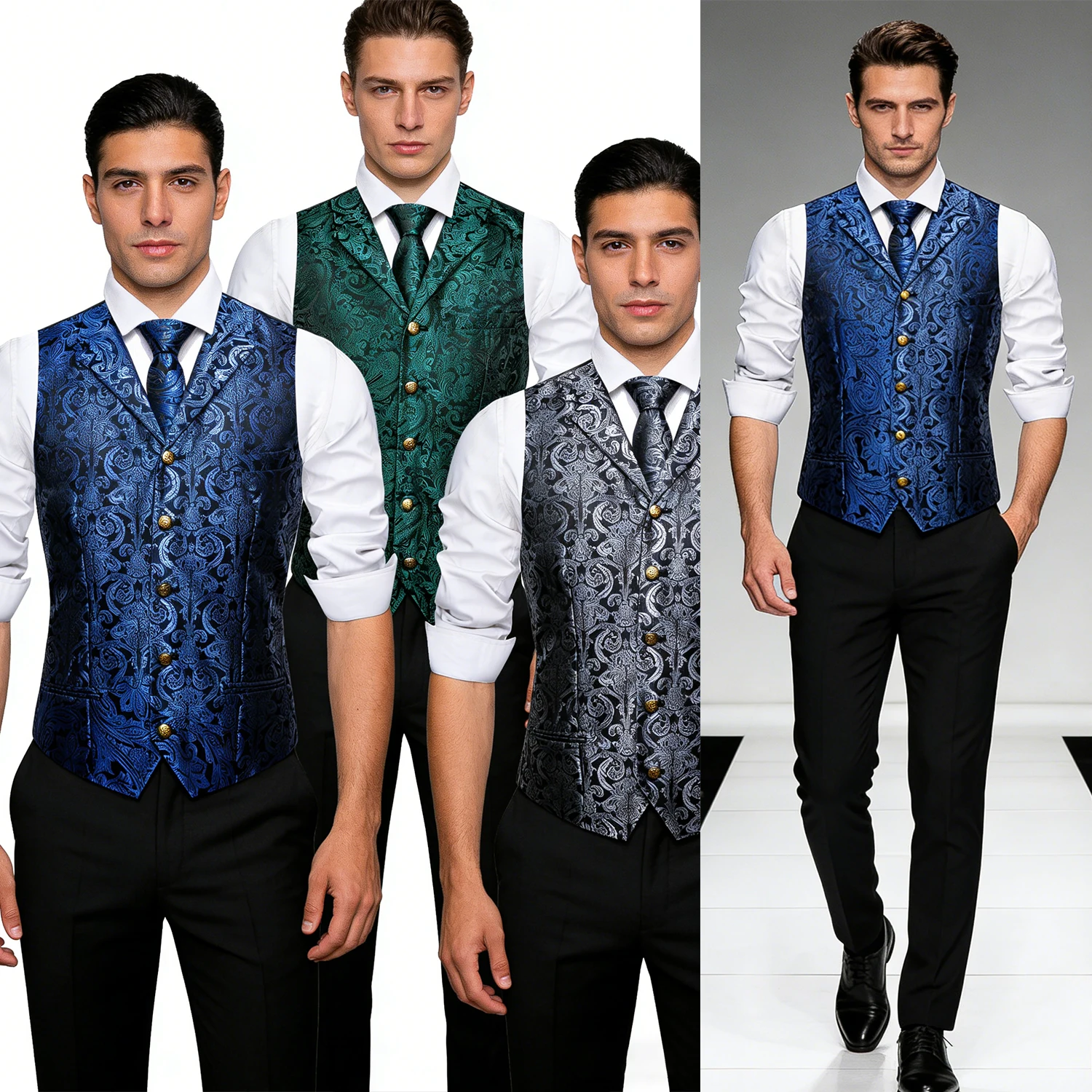 

Men's Floral Vest & Tie Hanky Cufflinks Set – Formal Blue Grey Green Waistcoat for Weddings Events Party Gift