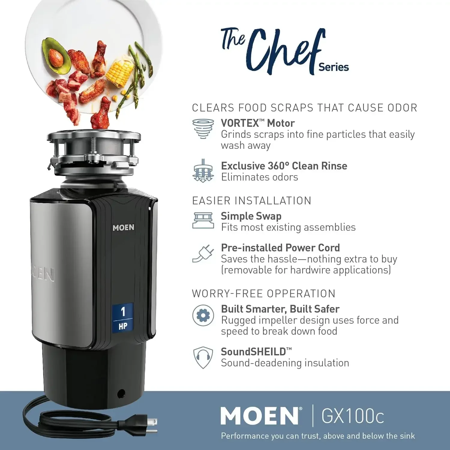 Moen GX100C Chef Series 1 HP Continuous Feed Garbage Disposal with Sound Reduction, Disposer Power Cord Included