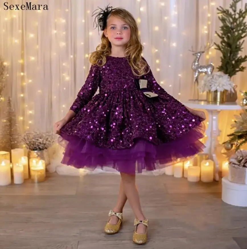 New Purple Glitter Girl Dresses Cotton Lining Little Princess Birthday Party Gowns Long Sleeve Formal Wear Dress Celebration