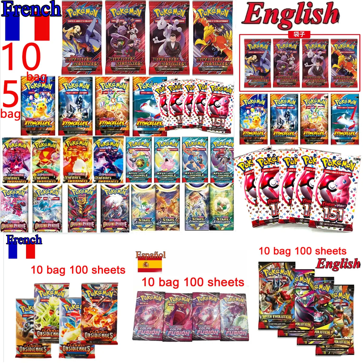 

5~10Bags English Spanish Franch Pokemon Cards Game MEGA EVOLUTION SCARLET&VIOLE 151 Prismatic Booster Battle Transaction Card