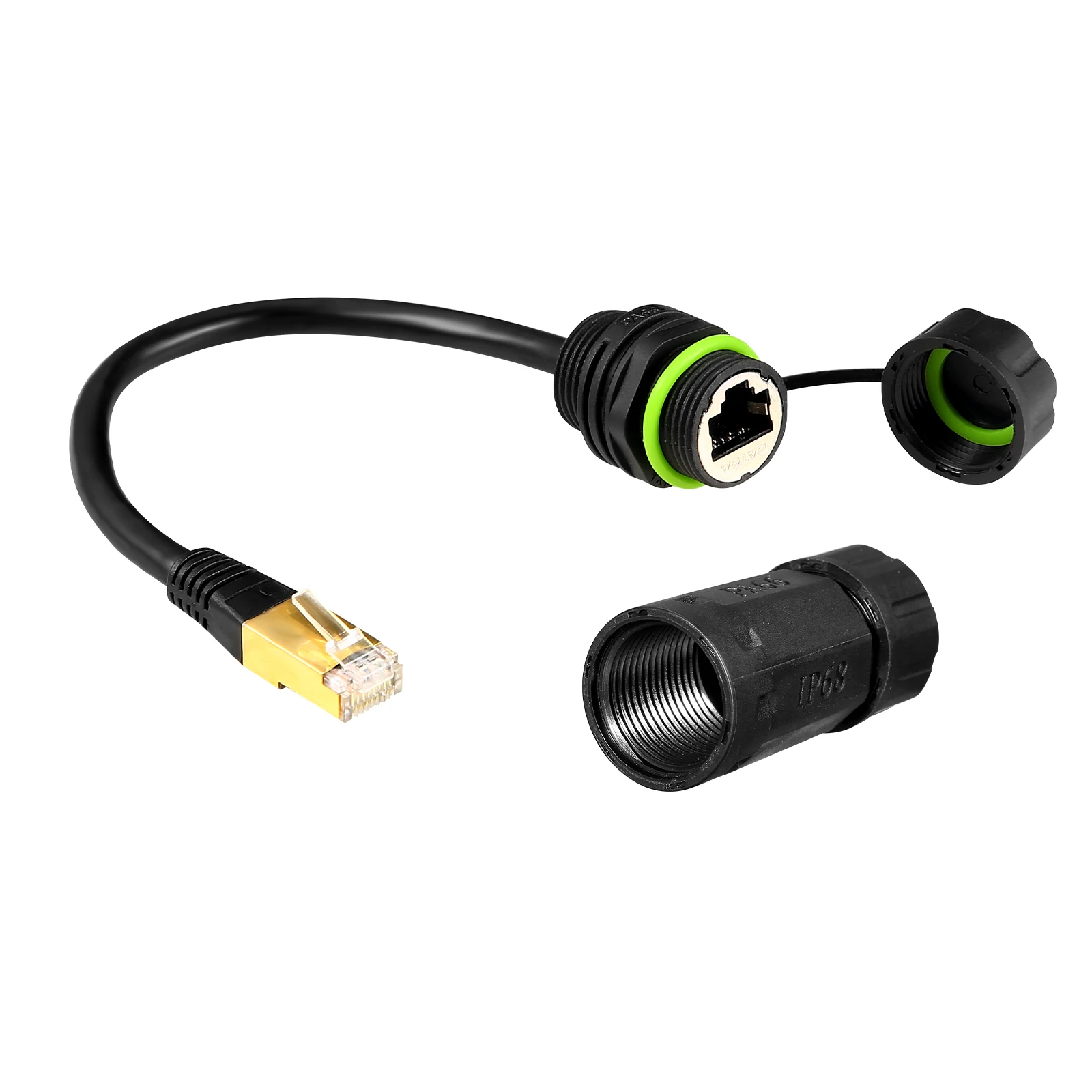 1 ST RJ45 8p8c Waterdichte Connector, RJ45 man-vrouw, Paneelmontage type, zinklegering body + PA66 plastic + koper contact 250mm