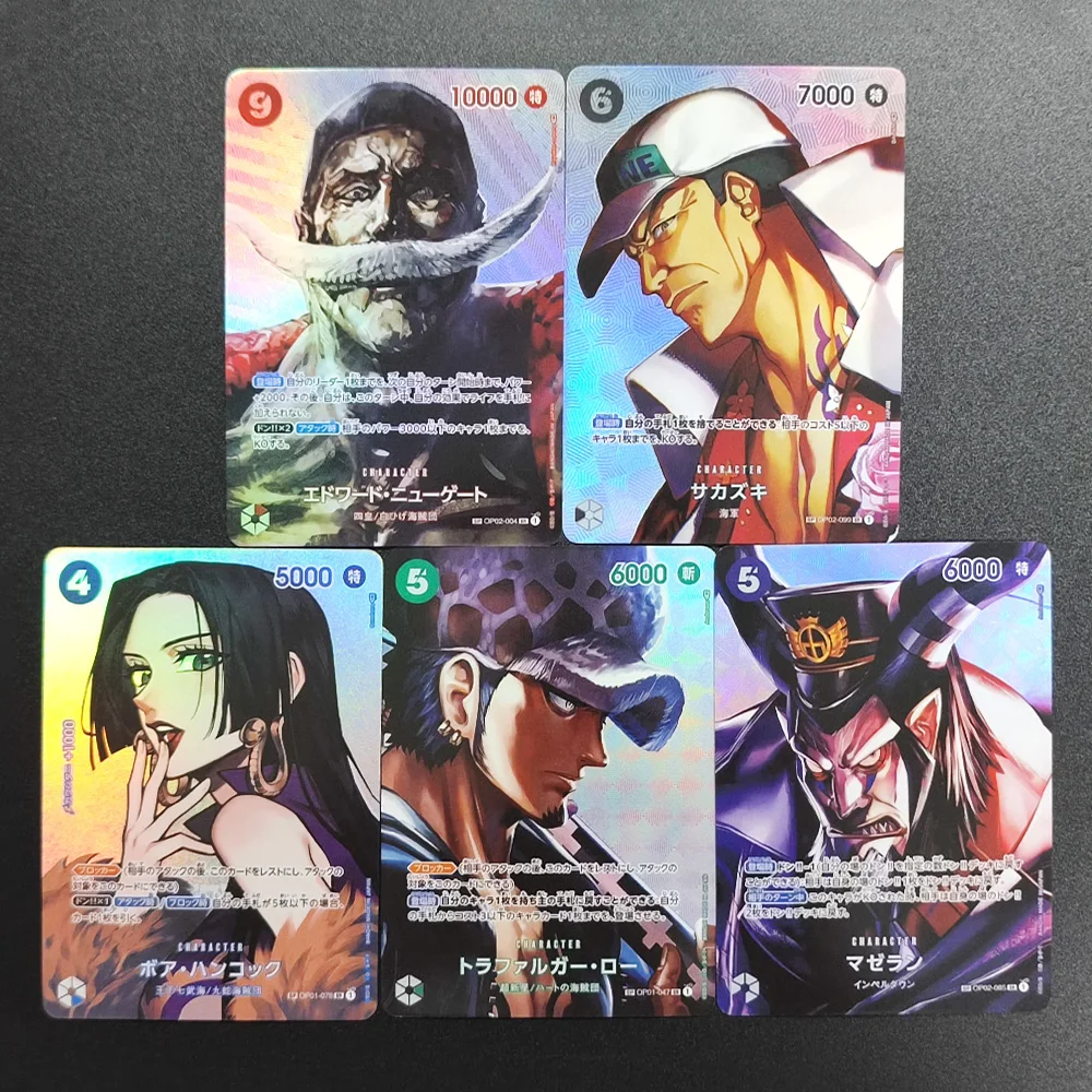 DIY 원피스 OPCG 일본어/영어 OP04 음모의 왕국 보아 핸콕 뉴게이트 로우 마젤란 사카즈키 애니메이션 플래시 카드 장난감