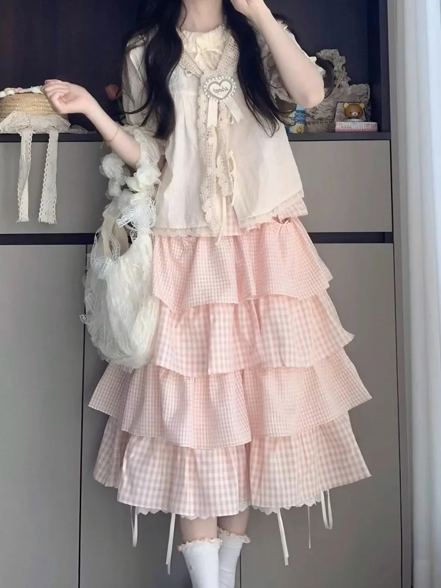 

Cute Sweet Girl Dopamine Outfit: a Complete Set of Summer College-Style Tie-Up Shirt and Pink Plaid Cake Skirt Two-Piece Set