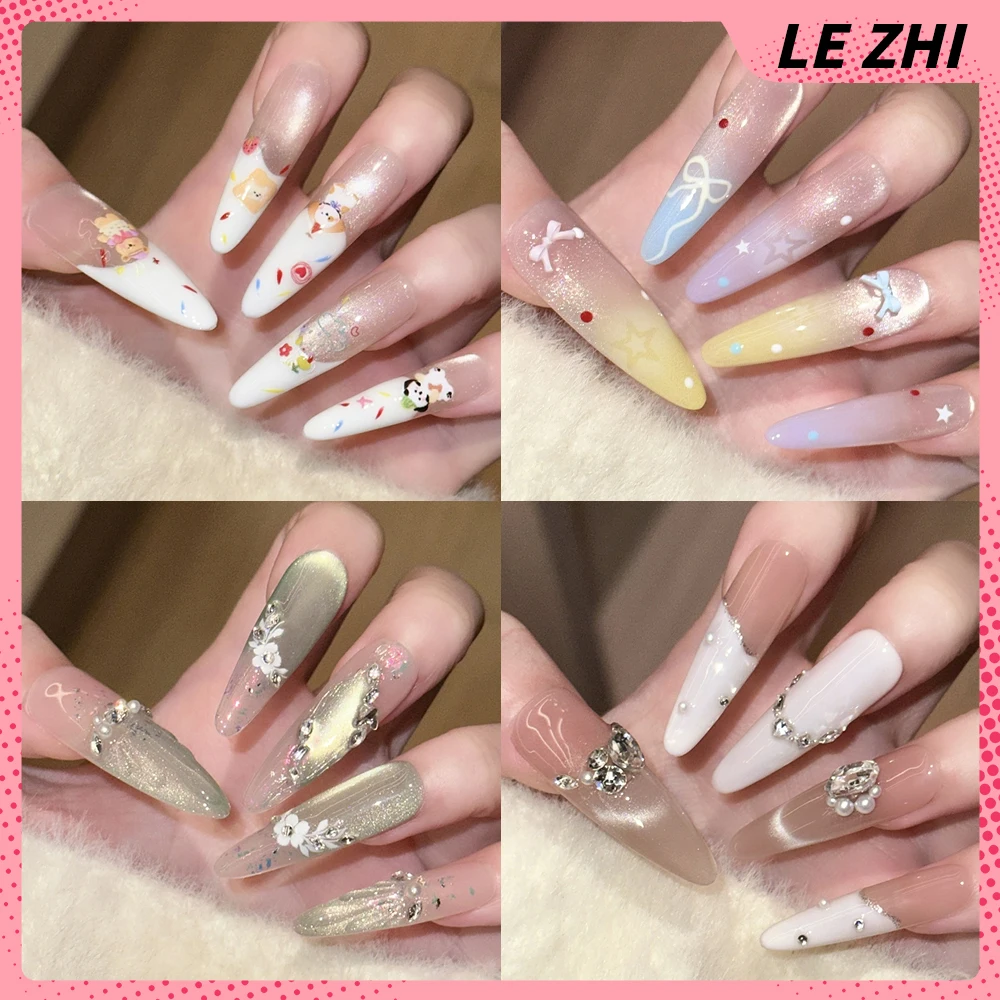 

Gentle Simple Long Stiletto Handmade Full Cover False Nail Cat Eyes Flowers Shining Diamond Butterfly Wearable False Nail Gift